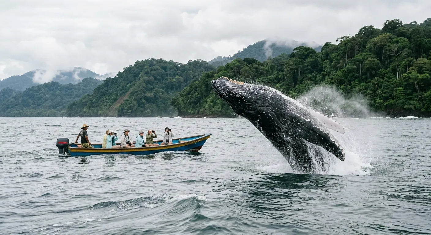 Ballena jorobada saltando junto a la lancha hacia Termales, Nuquí